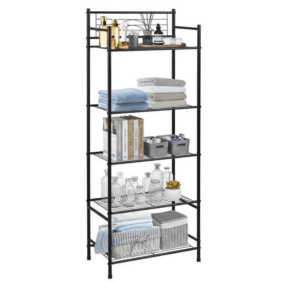 OUTMASTER 5 Tier Storage Shelves, Ideal for Compact Spaces, Bathroom Shelves and Storage Unit, Black