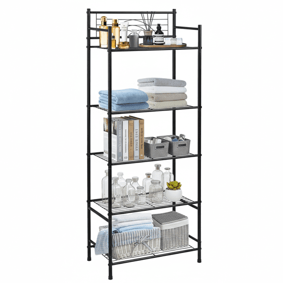 OUTMASTER 5 Tier Storage Shelves, Ideal for Compact Spaces, Bathroom Shelves and Storage Unit, Black