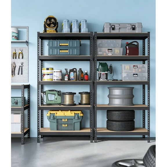 5-Tier Storage Shelves, Load 2310 lbs, Set of 2 Garage Storage, Boltless Assembly, Adjustable Shelving Unit, 17.7" x 35.4" x 70.9" for Study, Shed, Basement, Black