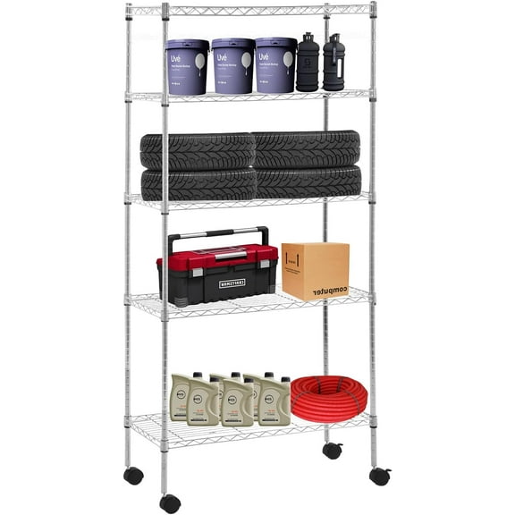 5 Tier Storage Shelves, Metal Storage Rack Wire Shelving Unit, Adjustable Standing Shelf Organizer or Kitchen Garage Small Places Commercial, Chrome,14" D x29.9 W x62.2 H