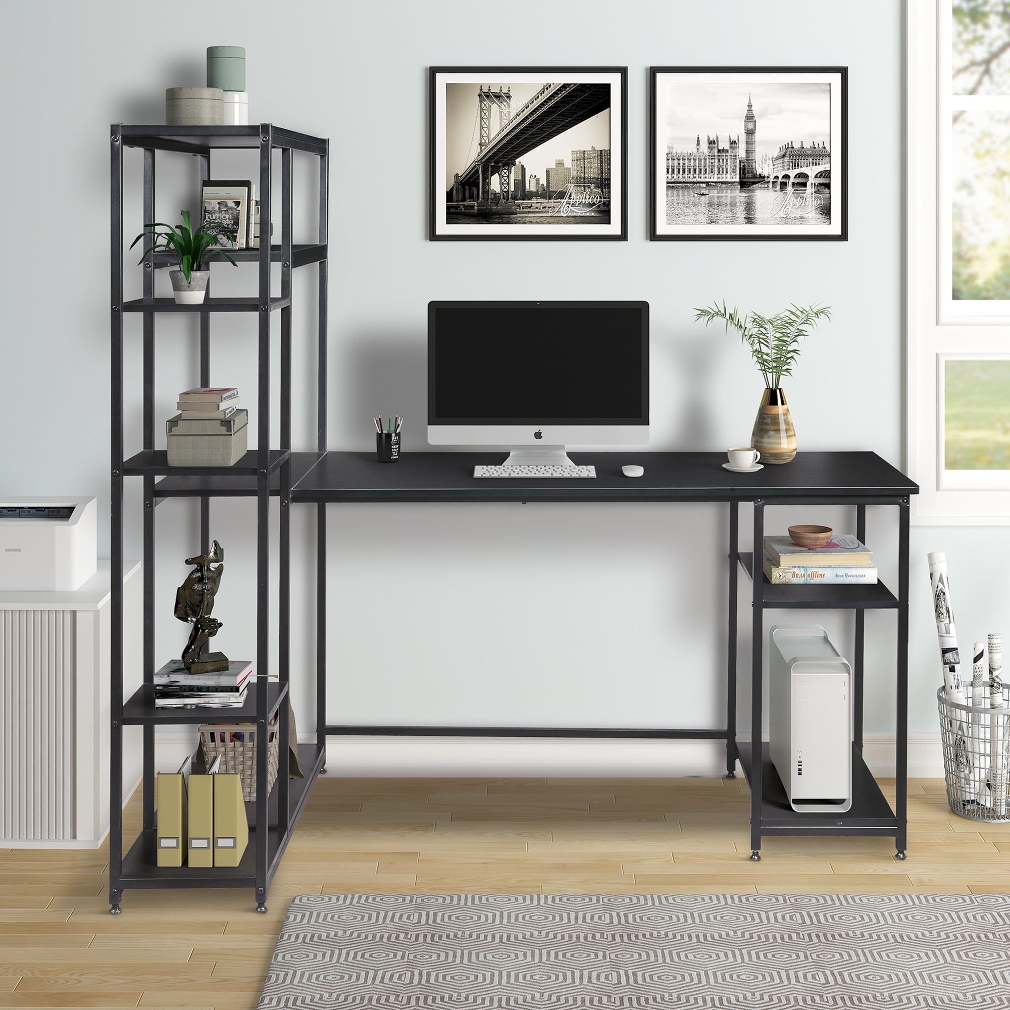 Computer Desk with 5 Tier Storage Shelves, SEGMART Modern Writing Desk with  Hutch & Sturdy X-Shape Metal Frame, Office Desk with 4 Tier Open  Bookshelves, Work Desks for Home Office Bedroom, Black 