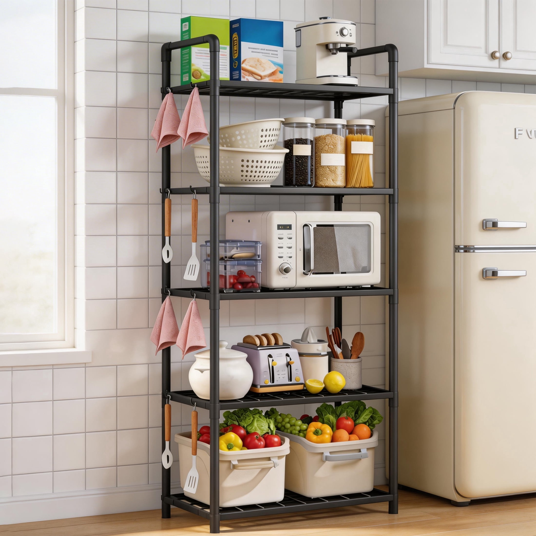 5-Tier Storage Shelves, Plastic Shelving Unit with Hooks, Multipurpose ...