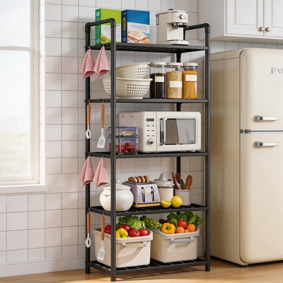5-Tier Storage Shelves, Plastic Shelving Unit with Hooks, Multipurpose Storage Shelves Rack for Garage Kitchen Pantry Closet Bathroom Laundry, 10.6"D x 20"W x 57"H, Black