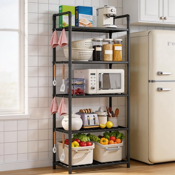 5-Tier Storage Shelves, Plastic Shelving Unit with Hooks, Multipurpose Storage Shelves Rack for Garage Kitchen Pantry Closet Bathroom Laundry, 10.6"D x 20"W x 57"H, Black