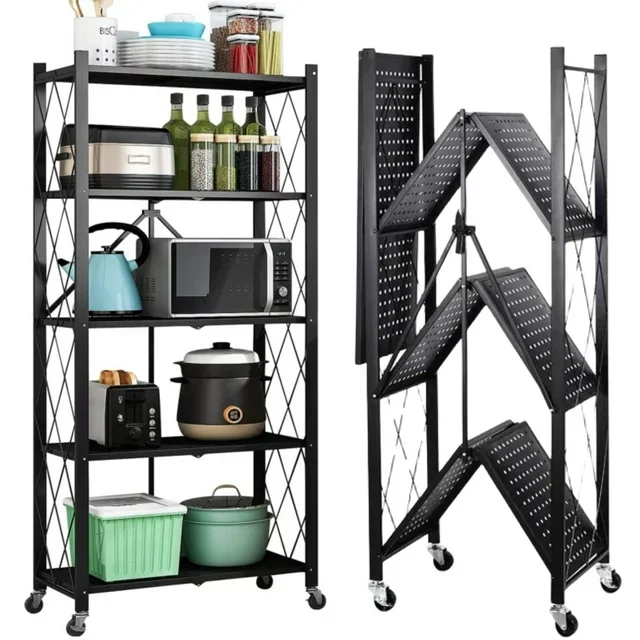 5 Tier Storage Shelves with Wheels 27.9''x 13.4'' x 62.5'' Collapsible