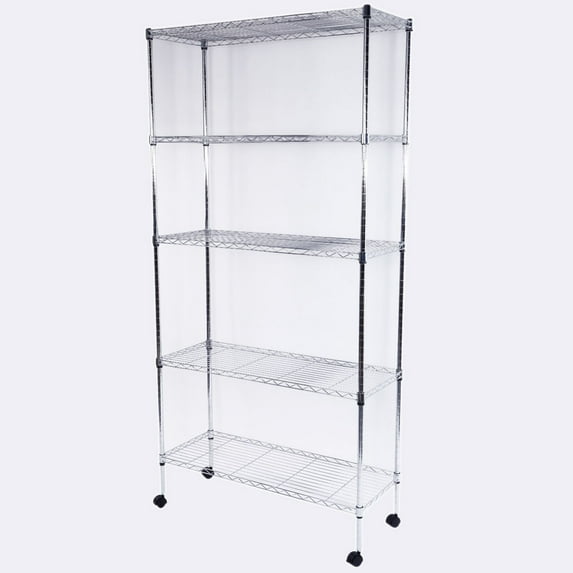 5 Tier Storage Shelves Wire Storage Shelves with Wheels, Plated Iron Shelves Plated Iron Storage Shelving, Pantry Storage Shelves Kitchen Rack Shelving Units, 35.43'' x 13.78'' x 65'', Chrome, S7920
