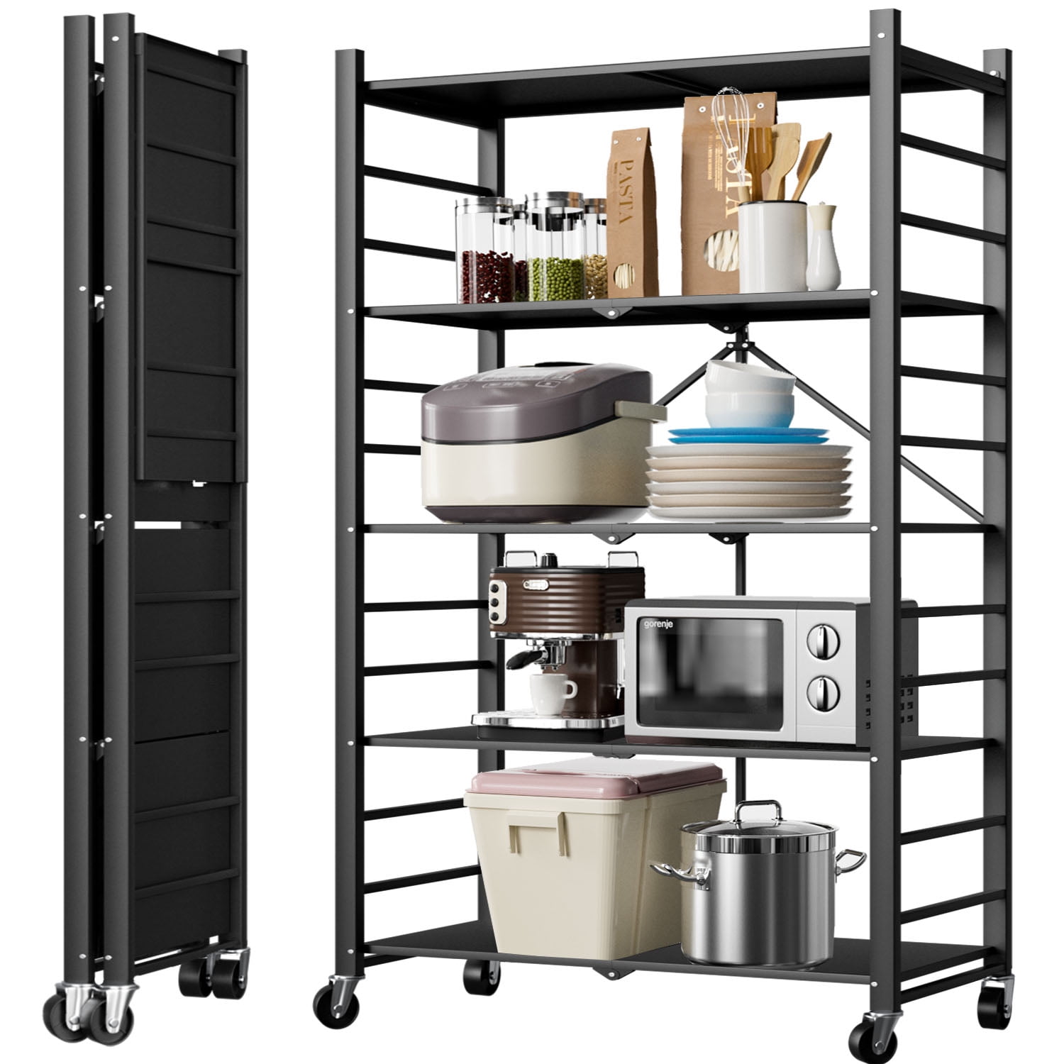 5-Tier Storage Shelving Unit, Foldable Storage Shelf with Wheels, Heavy ...