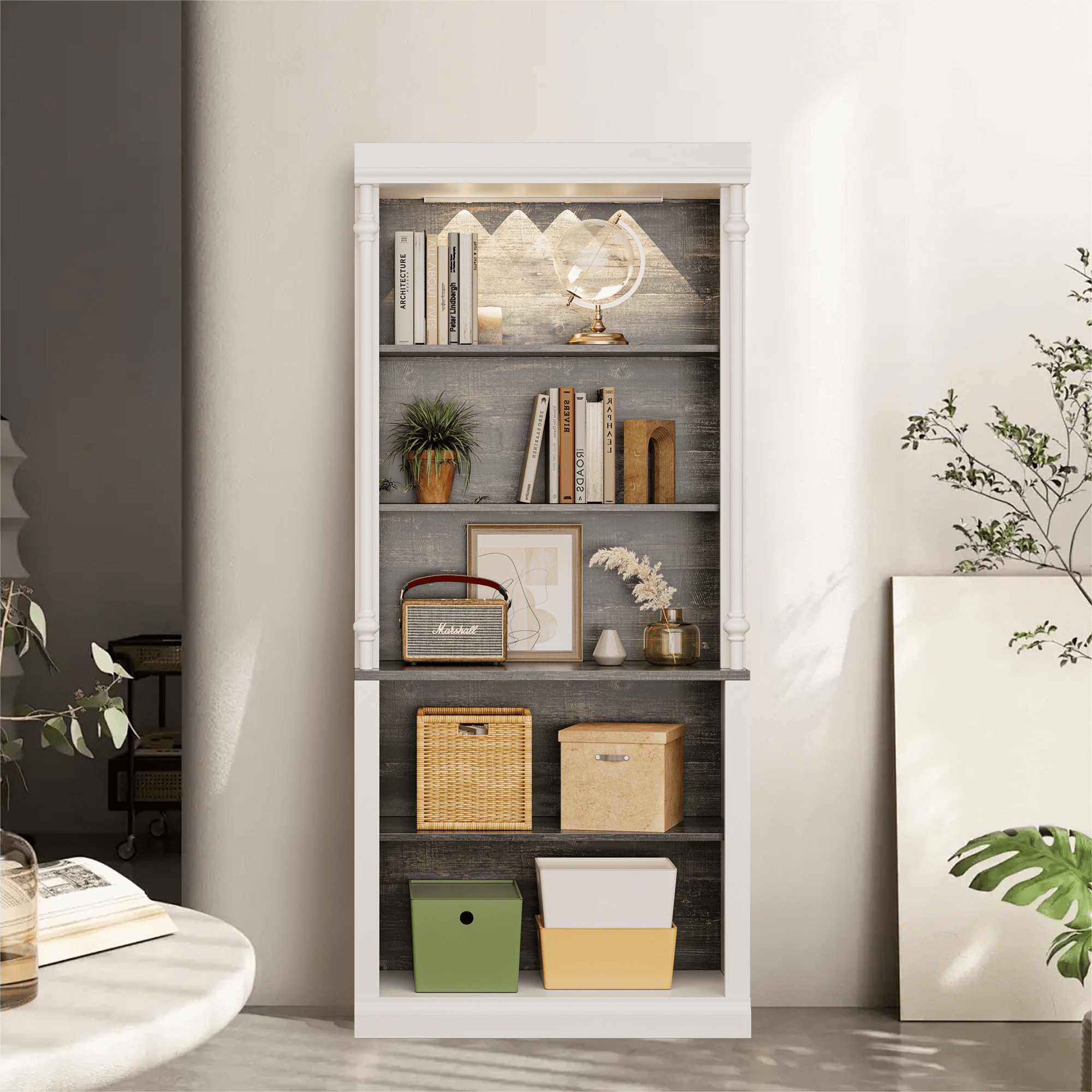 5-Tier Tall Adjustable Bookcase, Roman Column Bookshelf with Led Light ... - Ambidextrous Storage Shelves For Dual-Functioning Spaces