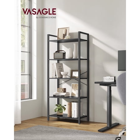 5-Tier Bookshelf Industrial Style, Steel Frame Bookcase with Sturdy Particleboard Shelves, Vertical Space-Saving Storage, Ebony Black and Ink Black