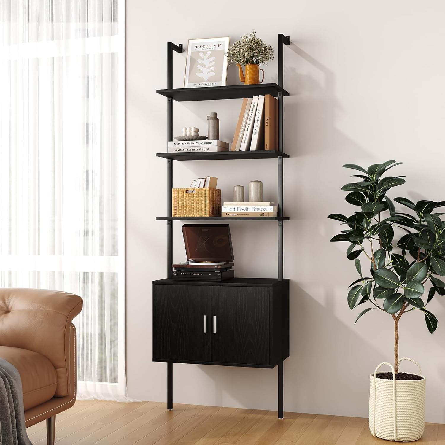 5 Tier Tall Bookshelf with Cabinet, 73" Modern Bookcase, Wall Mounted ...