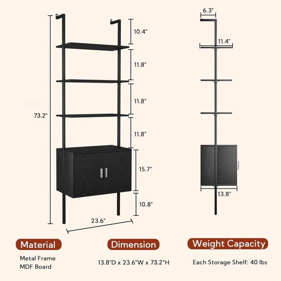 5 Tier Tall Bookshelf with Cabinet, 73" Modern Bookcase, Wall Mounted Ladder Bookshelf with Stable Metal Frame, Open Display Rack, Storage Shelves for Bedroom, Home Office, Black