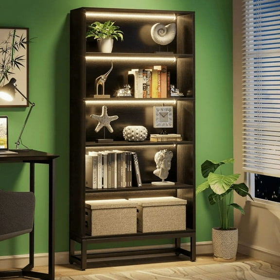 5-Tier Tall Bookshelf with LED Lighting - 529lb Capacity, Anti-Tip Kit & Adjustable Feet, for Living Room/Home Office/Library