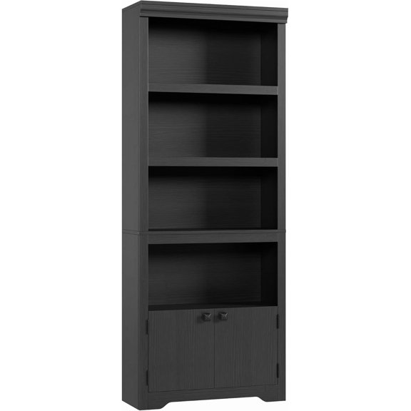 5-Tier Tall Farmhouse Bookcase with 2 Doors, Adjustable Shelves, Open Display Storage Rack, Anti-Slip, for Home Office, Library, Study, Living Room - Black Embossed, Black Handle