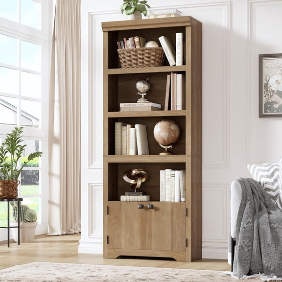 5-Tier Tall Farmhouse Bookcase with 2 Doors, Adjustable Shelves, Open Display Storage Rack, Anti-Slip, Ideal for Home Office, Study, Library, Living Room - Brown, Black Handle