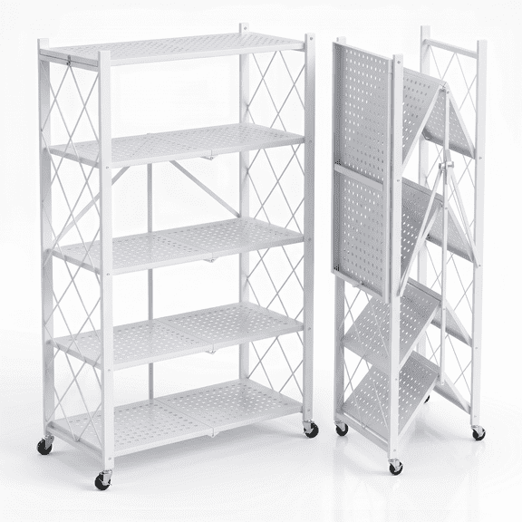 5-Tier Tall Foldable Metal Storage Shelves, No-Assembly Folding Frame and Rolling Storage Rack for Kitchen, Pantry and Utility Room, White