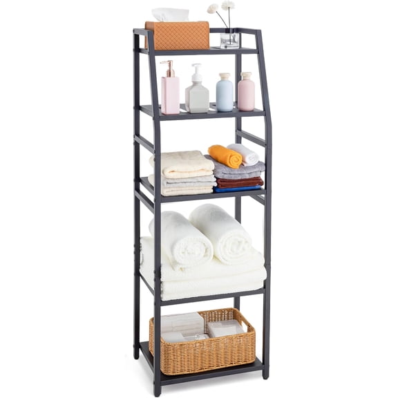 5-Tier Tall Freestanding Bathroom Storage Shelf, Black Metal Standing Towel Rack and Organizer for Toilet and Living Room, 15.75W x 11.81D x 47.24H