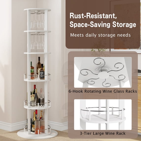 White Wibe Rack 5-Tier Tall Freestanding Wine Rack Cabinet with 360° Rotating Glass ...