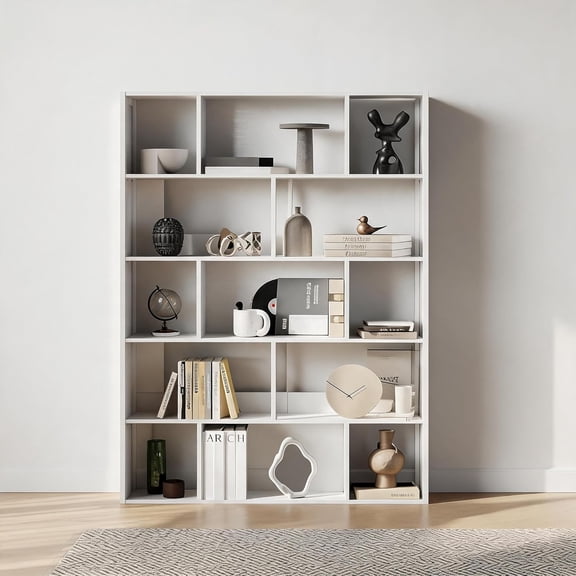 5-Tier Geometric Bookshelf, 74.2 in Tall Freestanding Display Shelf, Room Divider Storage Unit with Anti-Tip Kits for Home Office, Living RoomWhite
