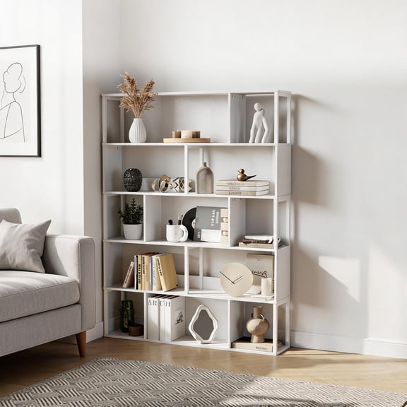 5-Tier Tall Metal Bookshelf, Geometric Standing Display Shelf Bookcase with Anti-Tip Design for Living Room, Home Office