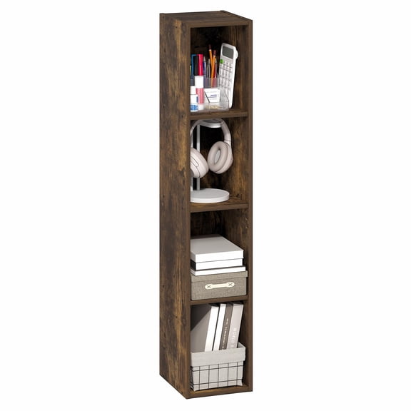5-Tier Tall Narrow Book Shelf In Amber Pine, Standing Bookcase With 10-Inch Width Storage, 9.3 X 9.8 X 51.9 Inches For Home Office Living Room