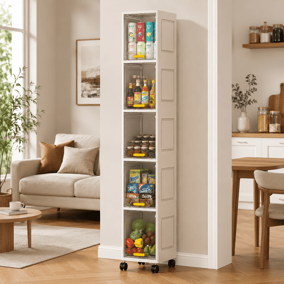 Narrow Storage Cabinet, 5-Tier Slim Tall Organizer with Transparent Flip Door & Wheels, Foldable Plastic Organizer Versatile Stackable Storage Bins for Small Space, Bathroom, Kitchen, Hallway