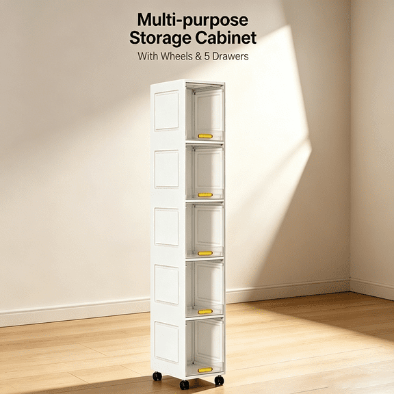 Narrow Storage Cabinet, 5-Tier Slim Tall Organizer with Transparent Flip Door & Wheels, Foldable Plastic Organizer Versatile Stackable Storage Bins for Small Space, Bathroom, Kitchen, Hallway