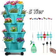 iHomeGarden 5 Tier Strawberry Planter Tower, Stackable Vertical Garden Planter with Wheels for Herbs Flowers Vegetables, Teal
