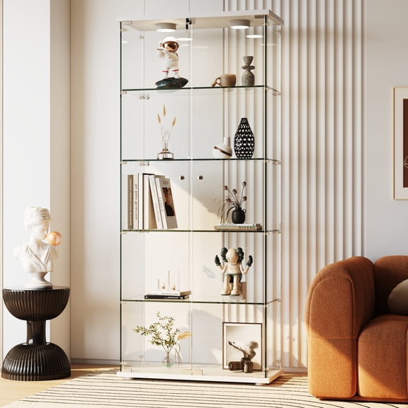 5-Tier Tempered Glass Display Cabinet - Dual Glass Door Curio Case with 13-Color LED Lights, Layer Capacity, Quick-Install for Collectibles/Living Room