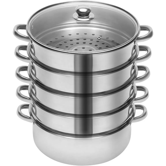 5 Tier Thick-bottomed Stainless Steel Steamer Pot Food Steamer, 10-inch Pot with Tempered Glass Lid Cooking Multipurpose Cookware