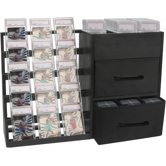 5-Tier Trading Card Display Stand,Large Card Display Case with 2 Drawers & 9 Compartments,Wooden Graded Sports Card Display Holds 200+ PSA/BGS/SGC Slabs to Showcase and Protect Your Collection