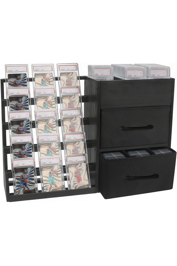 5-Tier Trading Card Display Stand,Large Card Display Case with 2 Drawers & 9 Compartments,Wooden Graded Sports Card Display Holds 200+ PSA/BGS/SGC Slabs to Showcase and Protect Your Collection