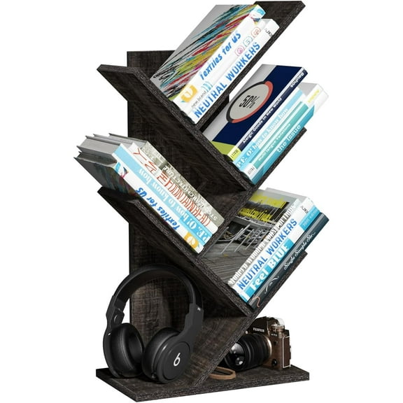 5 Tier Tree Book Shelf, Small Desktop Bookshelf with Storage Organizer, Wood Bookcase, Desk Display Bookshelves, Floor Standing Organizer Bookcases for Living Room,Bedroom,Office-Dark Grey