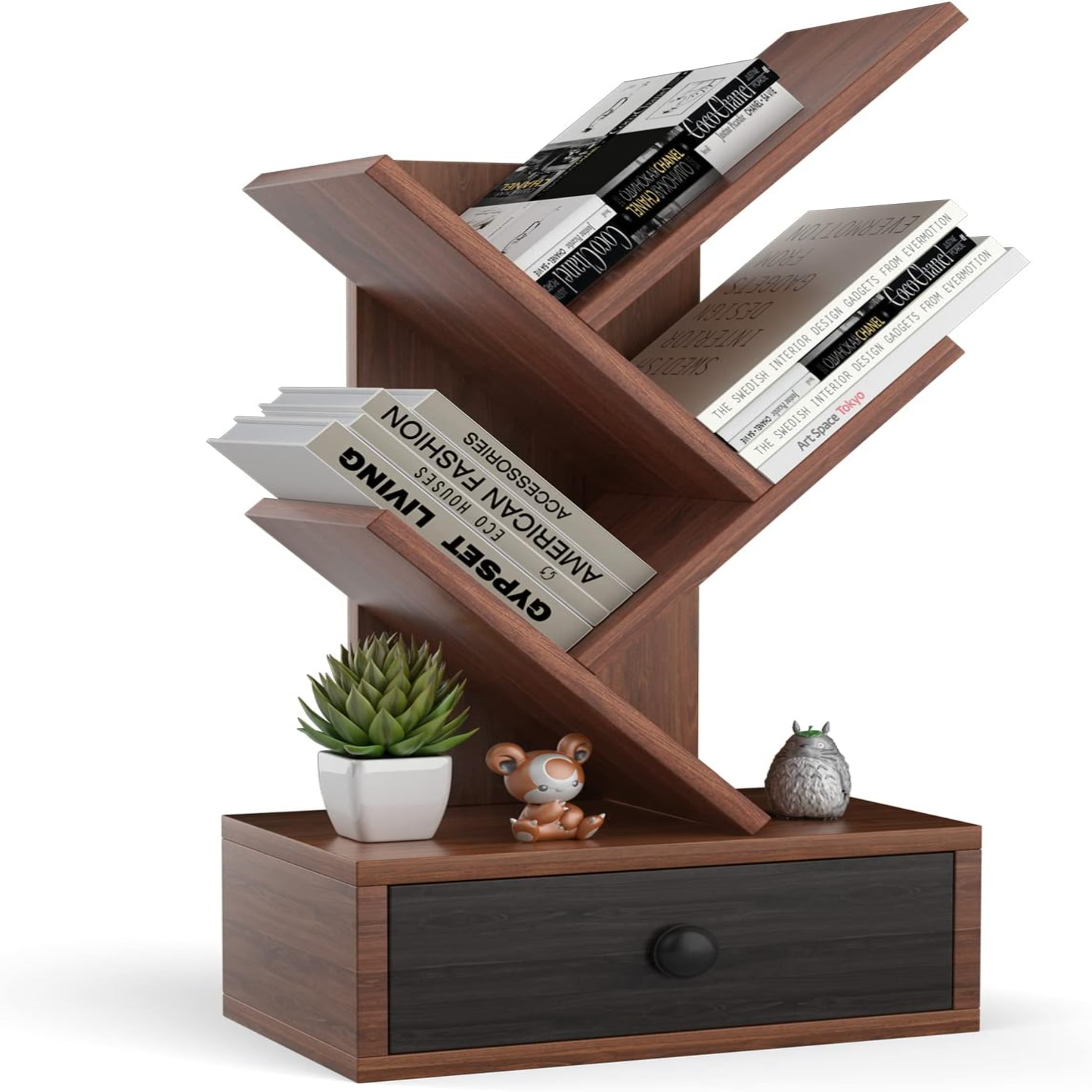 5 Tier Tree Bookshelf with Drawer Rustic 5 Space Saving Corner Bookcase