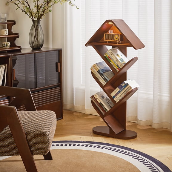 5 Tier Tree Bookshelf with Lights, Book Tree Bookcase with Storage Organizer, Small Corner Bookshelf Floor Standing Book Shelf for Living Room, Bedroom & Home Office