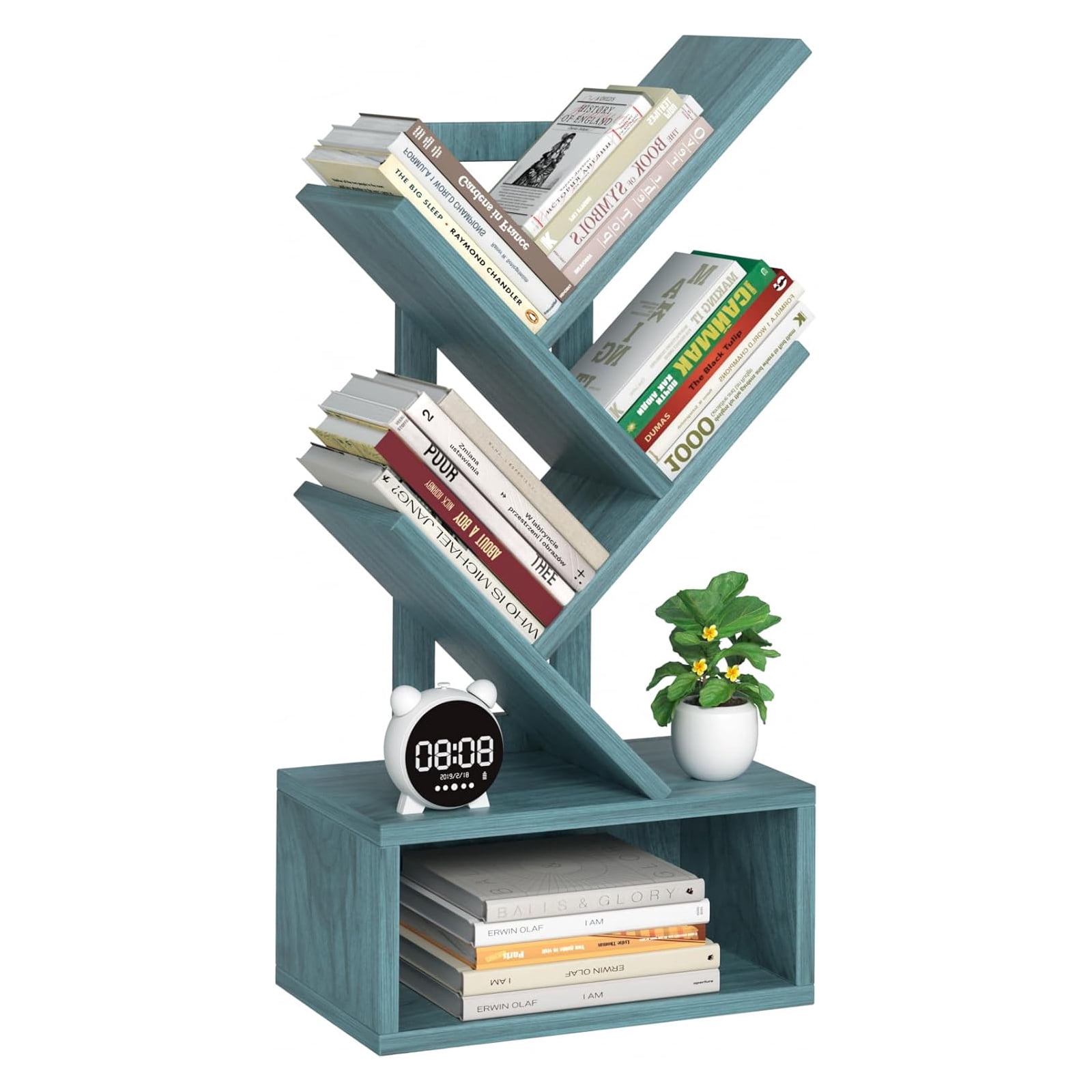 5 Tier Tree Bookshelf, Small Bookshelf, Desktop Bookshelf Floor Standing Bookcase Display for CDs/Magazine/Books, Book Organizer Shelves for Bedroom, Blue