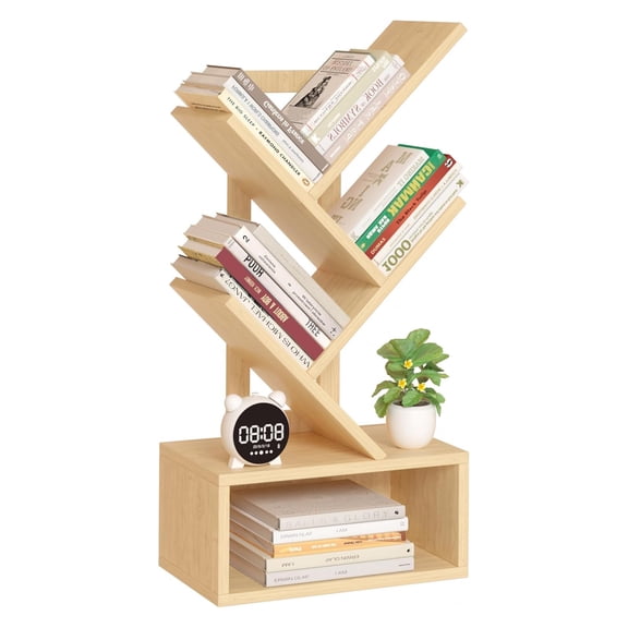 5 Tier Tree Bookshelf, Small Bookshelf, Desktop Bookshelf Floor Standing Bookcase Display for CDs/Magazine/Books, Book Organizer Shelves for Bedroom, Natural