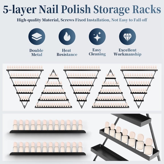 5-Tier Triangular Metal Nail Polish Wall Rack, Black Essential Oil Bottle Display Shelf, Lipstick Perfume Organizer with Screws, for Salon Home Use, 10-Pack