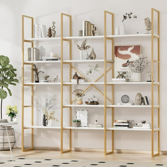 5-Tier Triple Wide Geometric Bookshelf, Etagere with Sturdy Metal Frame, 71" Tall Freestanding Display Shelving Unit - Modern Gold Design for Home & Office (Gold)