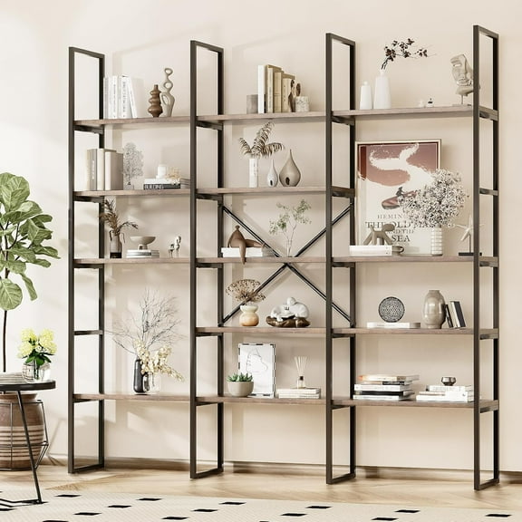 5-Tier Triple Wide Geometric Bookshelf, Industrial Etagere with Sturdy Metal Frame, 71" Tall Freestanding Display Shelving Unit - Modern Gold Design for Home & Office (Rustic)
