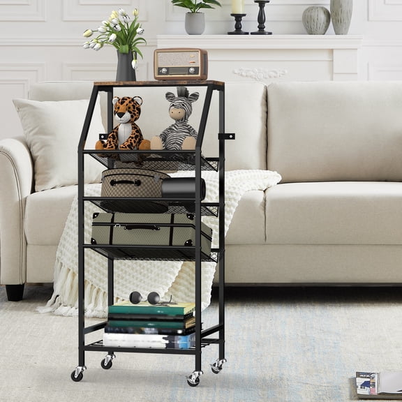 5Tier Utility Cart with Wood Table Top, Metal Rolling Storage Cart on Wheels for Bathroom, Kitchen, Living Room Rustic Brown
