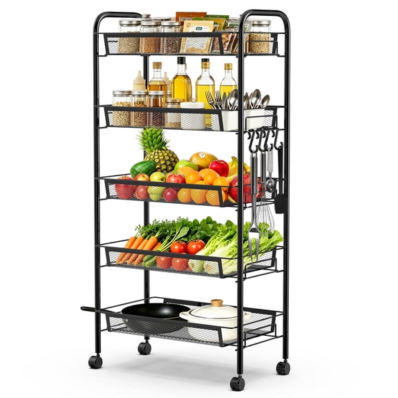 SEMOPRUS 5 Tier Vegetable Fruit Storage Cart, Kitchen Storage Basket with 360 Wheels, Organizer Stackable Metal Mesh, Black
