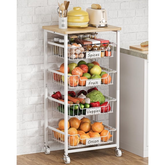5-Tier Vegetable Fruit Basket Kitchen Storage Rolling Cart on Wheels with Pull-Out Baskets and Wood Top for Kitchen Diningroom Pantry