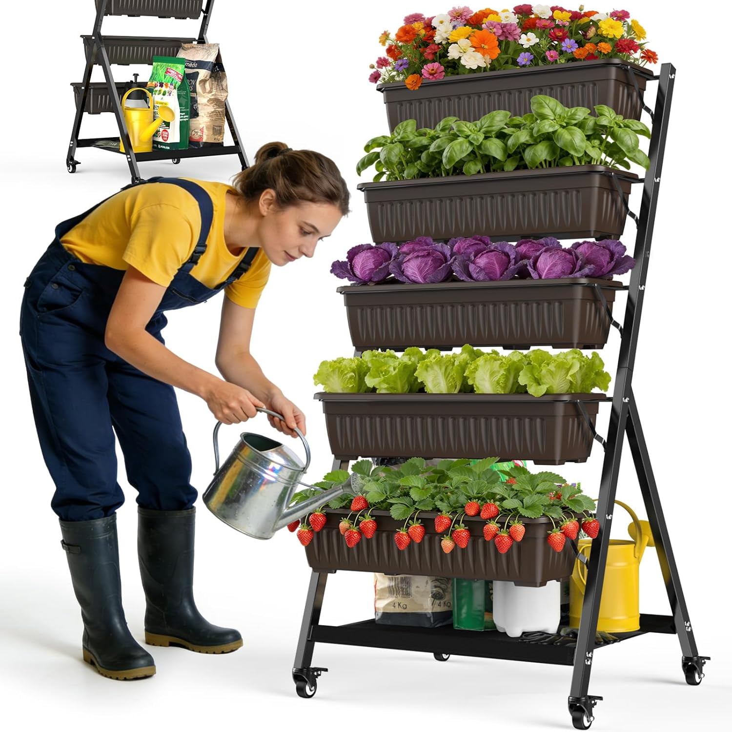 5-Tier Vertical Garden Bed Planter Boxes with Wheels, Drainage System ...