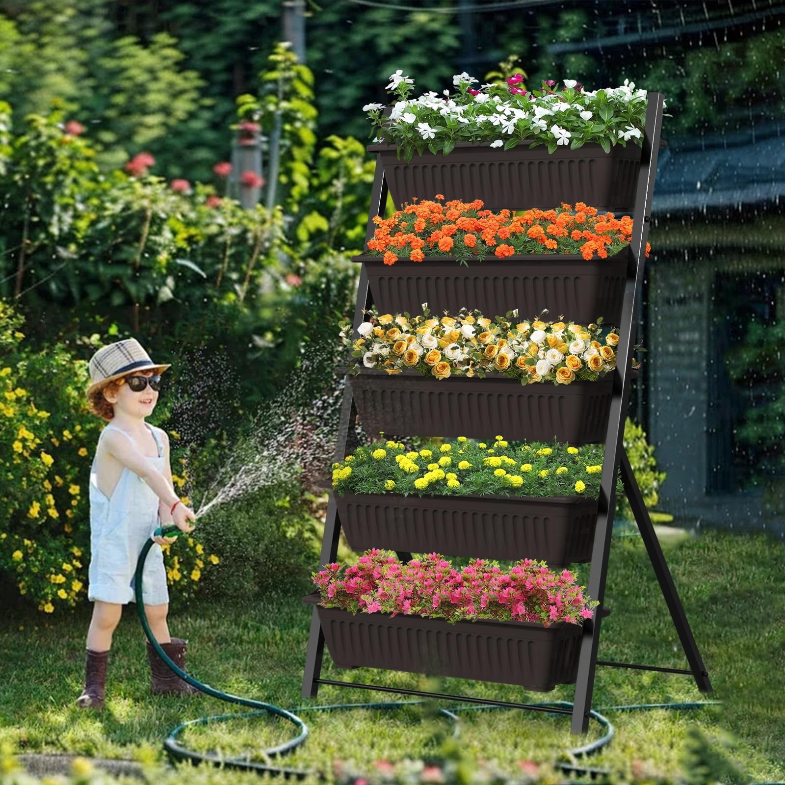 5-Tier Vertical Garden Planter, Outdoor Elevated Herb Planter Box, Metal Raised Garden Bed, for Flowers Herb Plants