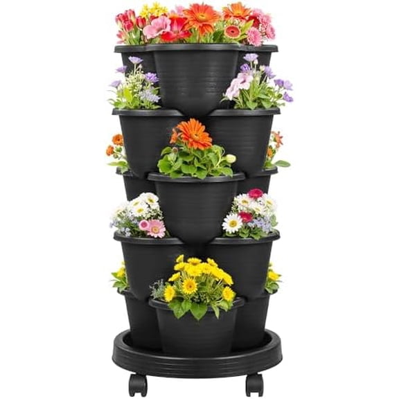 5 Tier Vertical Garden Planter, Self Watering Stackable Planters with Wheels for Strawberries, Herbs, Flowers, Vegetables, Black