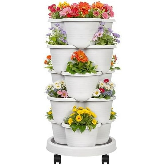 5 Tier Vertical Garden Planter, Self Watering Stackable Planters with Wheels for Strawberries, Herbs, Flowers, Vegetables, Gray