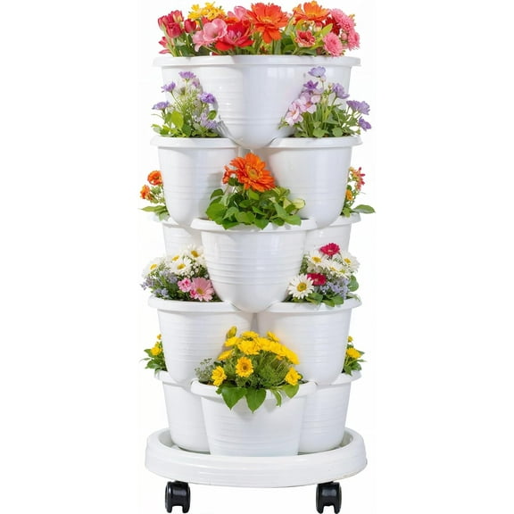 5 Tier Vertical Garden Planter, Self Watering Stackable Planters with Wheels for Strawberries, Herbs, Flowers, Vegetables, White