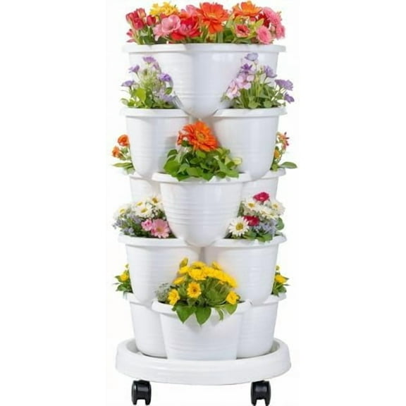 5 Tier Vertical Garden Planter, Self Watering Stackable Planters with Wheels for Strawberries, Herbs, Flowers, Vegetables, White