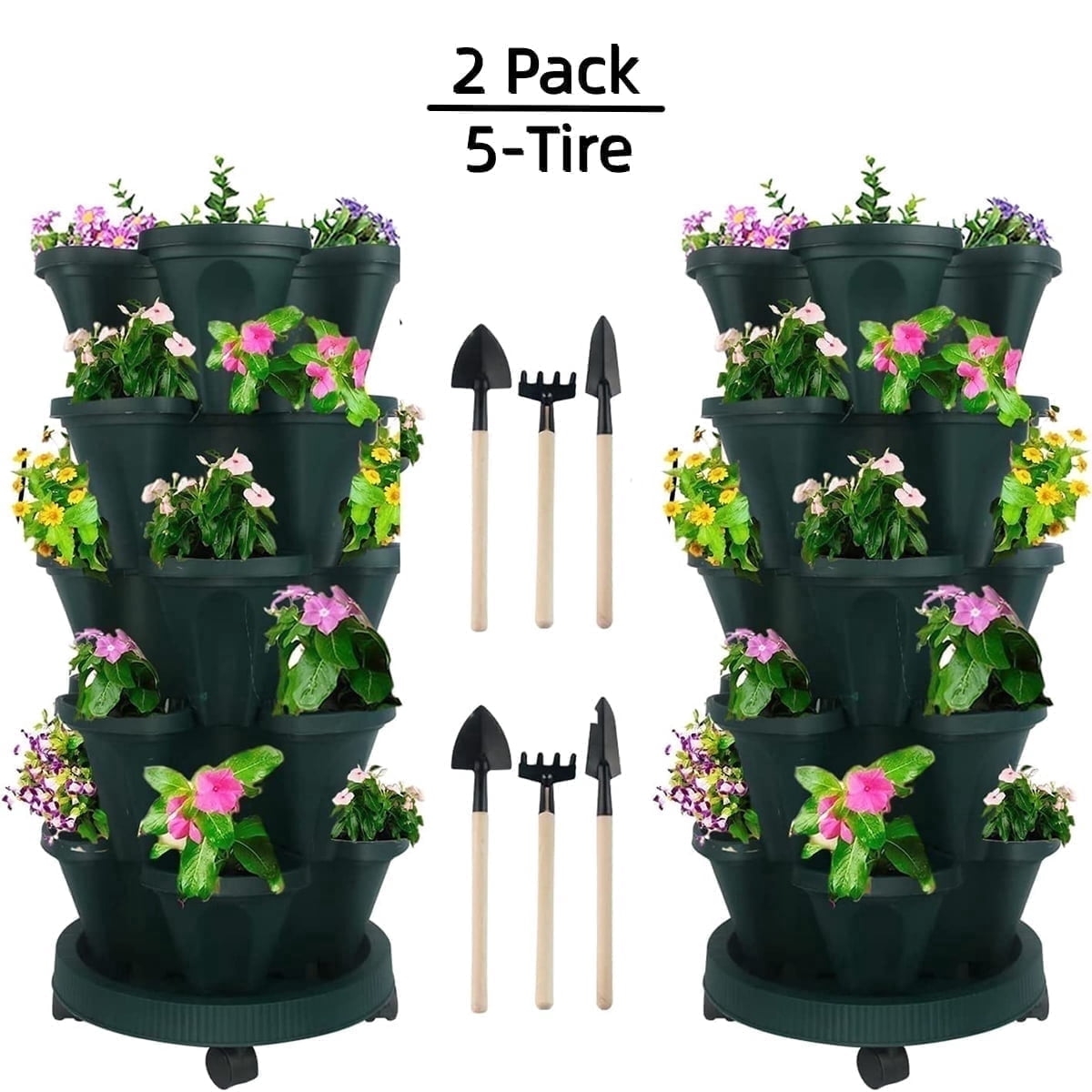5 Tier Vertical Garden Stackable Planter with Wheels, Strawberry Planter Indoor/Outdoor for Growing Vegetables Succulents, Green 2 Set