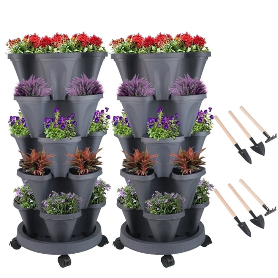 5 Tier Vertical Garden Stackable Planter with Wheels and Tools, Indoor Outdoor Pots - Dark Gray, 2 Set